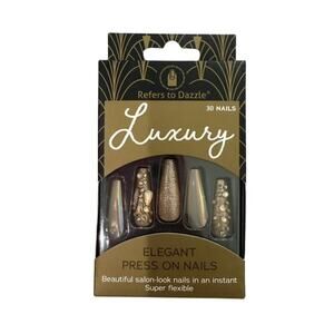 Long Coffin Luxury Elegant Gold Bedazzled Press On Nails​​